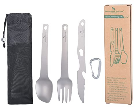 Boundless Voyage Cutlery Set Spoon Fork Knife Set Titanium Flatware in Case Camping Utensils and Carabiner Clip for Home Use Travel Ti1078T