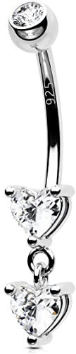 OUFER 14G Dangle Bauchnabelpiercing Echt Silber 925 10mm Stablänge Piercing Bauchnabel Herz CZ Kugeln Belly Button Piercing Navel Bars Nabelring Frau Mann Schmuck