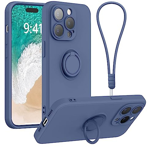 Galful Silicone Phone Case for iPhone 14 Pro with Wrist Strap Lanyard,Finger Ring Holder Magnet Car Holder Ultra Slim TPU Shockproof Protective Phone Case Cover for iPhone 14 Pro,Blue