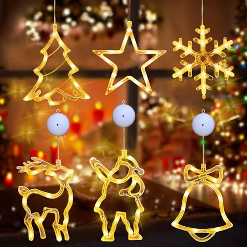6er Set LED Saugnapf Weihnachten Lichter,LED Fenster Hängende Lichterkette,Fenster Lichterkette Batteriebetriebene Mit Saugnäpfe,Weihnachtsbeleuchtung Hängende für Weihnachten Deko,Balkon,Party