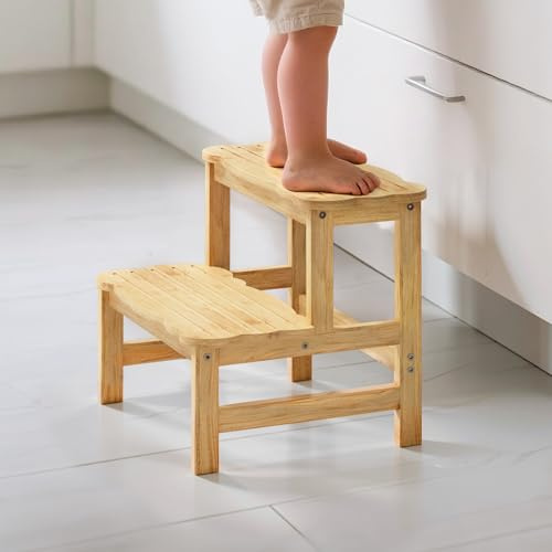 COSYLAND Sgabello Bagno Bambini in Bambù - Scaletta Bambini a 2 Gradini con Design a Nuvola, Antiscivolo, Scalino per Cucina, Toilette, Cameretta, Fino a 136 kg (Naturale)
