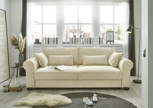 Schlafsofa mit Schlaffunktion und Bettkasten, Cord-Optik, ausziehbar, Modell Angelina, Creme, 250 x 95 x 125 cm (B/H/T)