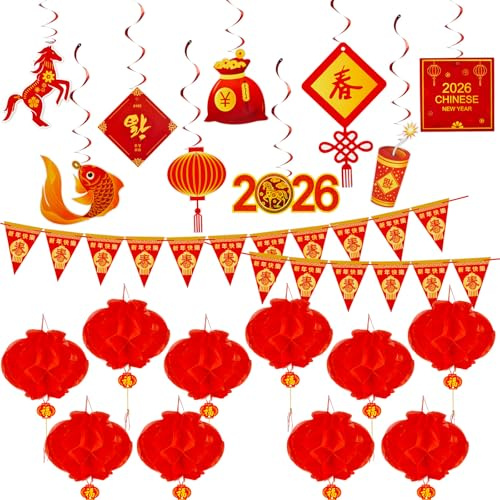 Tenare 20 Set de Décors Suspendues du Nouvel an Chinois 2026 Traditionnel 9 Tourbillons Suspendus 10 Lanternes en Papier Rouges Pliables Imperméables 1 Bannière de Fanions de Dragon 20 Drapeaux