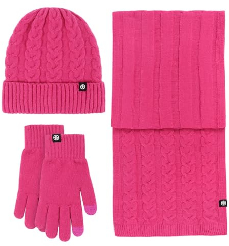 Fucouture Damen-Wintermütze, warm, langer Schal, Handschuhe, Set für Damen und Herren, Schal, Mütze, Handschuhe, hot pink, One size