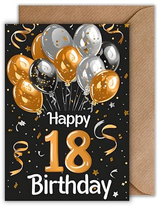 WBdesignz Geburtstag Karte mit Umschlag - Elegante Geburtstagskarte 18 Jahre “Happy Birthday Schwarz Gold Ballons 18ter Geburtstag (DIN A6)