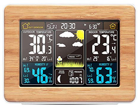 ALLOMN Wireless Weather Station, Color Display LCD Digital Weather Station with Sensor, Alarm Clock, Temperature Humidity Monitor, Barometric, Weather Forecast for Home Office Garden Farm (Yellow)