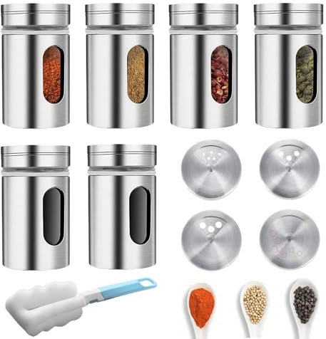 Xiciki 6 Stück Gewürzstreuer Edelstahl,Gewürzgläser mit Streueinsatz,Gewürzgläser Rund,Gewürzdosen mit Sichtfenster Gewürzstreuer Glas,Gewürzdosen Für Salz,Pfeffer Gewürze
