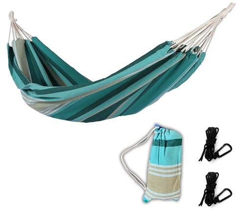 Rijoka Hängematte Large – 200x140cm – Grün gestreift – 1 Person – Inkl. 2 Haken, Seil und Aufbewahrungstasche