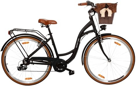 Goetze Mood 28 Zoll Damen Citybike, Aluminium Tiefeinsteiger 18 Zoll, Shimano Tourney 7-Gang Schaltung, LED-Beleuchtung, Rattankorb, Gepäckträger, Komfortsattel