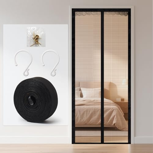 Mosquitera para puerta, 90 x 210 cm, de fibra de vidrio, protección contra insectos, para puerta de balcón y terraza con toda la columna vertebral, tiras magnéticas, cierre automático, sin agujeros