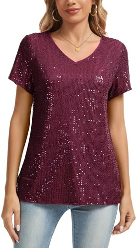 MINTLIMIT Damen Pailletten Metallic Tops Oberteil Kurzarm V-Ausschnitt T-Shirt Bluse Fully Lined Freizeit Party Festival Club