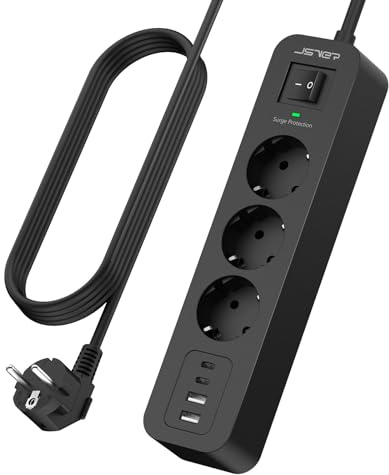 JSVER Regleta Enchufes USB C, Proteccion Sobretension con 4 Puertos(5V3,4A) y 3 Toma de Corriente Estación de Carga Inteligente Tomas Alargadora con Cable 3m-Negro