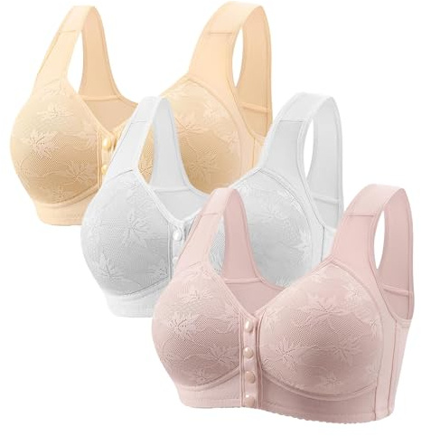 Cocila Front Fastening Bras for Women UK 3 Pieces Women's Bras Plus Size Wireless Bra High Impact Push Up Comfort Bralette Seamless Breathable Multipack Full Support Lace Bra Hot Pink 5XL