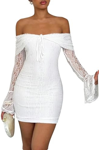 SweatyRocks Spitzenkleid Damen Festlich Kurz Hochzeitsgast Kleid Off Shoulder Minikleid Langarm Herbstkleid Mit Spitze Partykleid Elegante Kleider Weiß S