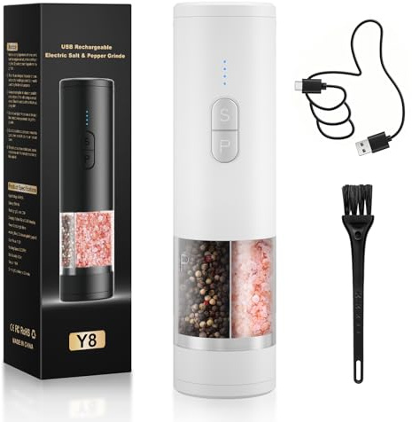 2 in 1 Salz und PfeffermüHle Elektrisch Set,Wiederaufladbare (Weiß) | Automatische Pfeffermühle, LED-Beleuchtung, Einstellbare Mühle, Großes Fassungsvermögen ideal für Küche und Grill
