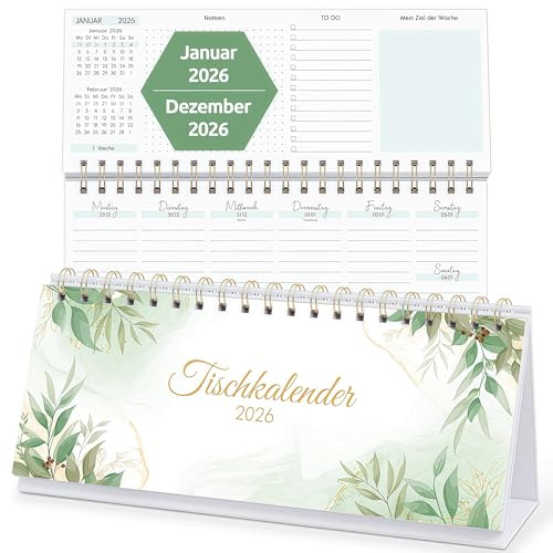 KONVINIT Kalender 2026 Tischkalender,Wochenplaner für Büro & Homeoffice,1 Woche 2 Seiten,Schreibtischkalender zum Aufstellen,Format: 29,7 x 11,6 cm (Querformat)