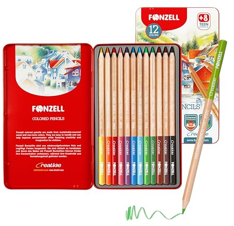 FONZELL Buntstifte 12 Farben – Radierbare Farbstifte in Metallbox, Bruchfeste Zeichenstifte für Skizzen, Farbstifte Set zum Zeichnen & Ausmalen