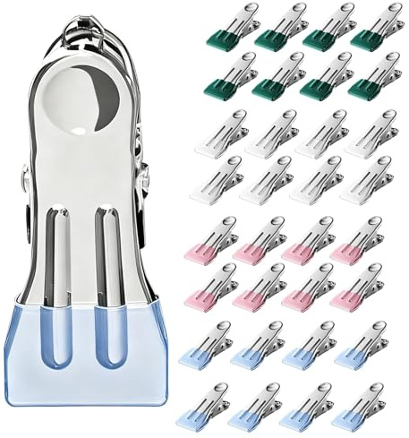 Lot de 32 Pince à Linge INOX, Epingle a Linge en Plastique Épais avec Boucle, Antidérapantes pour Vêtements, Serviettes, Chaussettes, Photos et Scellage Alimentaire (Vert, Bleu, Rose, Blanc)
