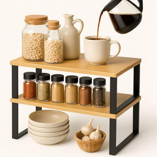 Organizador armario y cocina | Juego de 2 estanterías de madera y metal | Estante para especias apilable y extensible | Estantería de almacenamiento versátil para hogar y oficina (Natural + Negro)