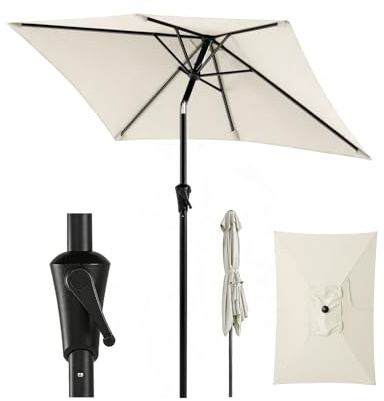 Sunula Parasol rectangulaire avec système de manivelle, tube en acier de 38 mm et baleines ovales de 12 x 18 mm, parasol de marché, protection solaire pour balcon, jardin, ivoire, 210 × 140 cm