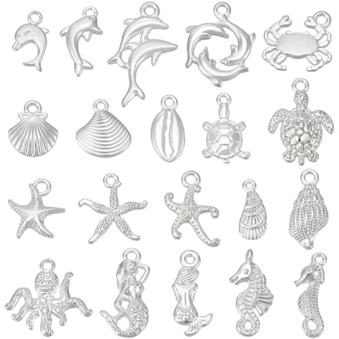 PH PandaHall 120pcs 20 Styles Ocean Themes Charms Silver Metal Shell Charm Starfish Mermaid Dolphin Pendants For Summer Jewellery Bracelet Necklace Craft, 14.5~23mm