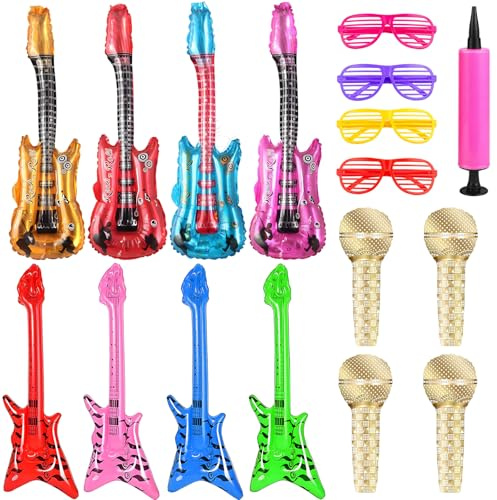 Inflatable Instruments Set with 17 Pieces, Inflatable Guitars and Party Props, Four Microphones and Four Bass Guitars with Rockstar Glasses, Ideal for Music Events and Themed Parties
