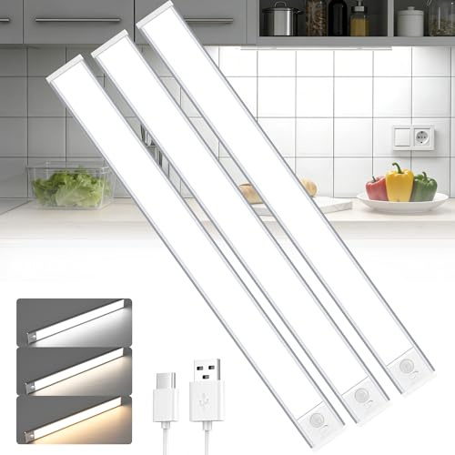SOAIY 3er-Set 40CM LED dimmbare Unterbauleuchte Küche mit Bewegungsmelder | wiederaufladbare Schrankbeleuchtung mit 3 Lichtfarbe 3 Modi magnetische Schranklicht für Vitrine Treppen Kleiderschrank Bad
