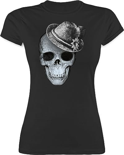 Shirt Damen - Kompatibel Oktoberfest - Totenkopf mit Filzhut - S - Schwarz - trachtenshirts trachtenshirt bayrische Skull Funshirts für Frauen trachtentshirt Trachten t Shirts bayrisch bayernhut