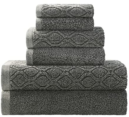 Superior Denim Wash 100% Cotton 550 GSM 6 Piece Bath Towel Set, 2 Face, 2 Hand, 2 Bath Towels, Ideal for Bathroom, Kitchen or Beach, Quick Dry, Jacquard & Solid, Mid-Weight, Grey