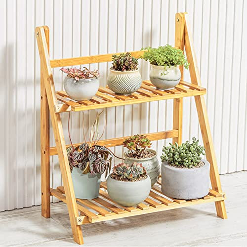 LIGUOYI Folding Ladder ​Plant Holder Bamboo Plant Stand 2 Tier, Decorative Garden Display Rack, Étagère De Fleur Étagères De Rangement Autoportantes, Étagère À Plantes Pour Maison, Salon, Bureau