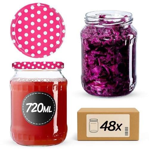 KADAX Lot de 48 grands bocaux en verre 720ml Ø82 à pois rouges – Couvercle Twist-Off hermétique TO82 – Pour conserves, cornichons, légumes fermentés & confitures maison