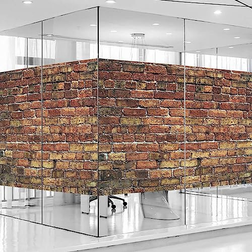 Chestnut Brown Window Privacy Film Stained Glass Opaque Non-Adhesive Frosted Cling Glass Film Removable for Bathroom Shower Door Frosted Retro Style Urban Brick Wall Image 17.7Wx23.6L-inch x2 Pcs