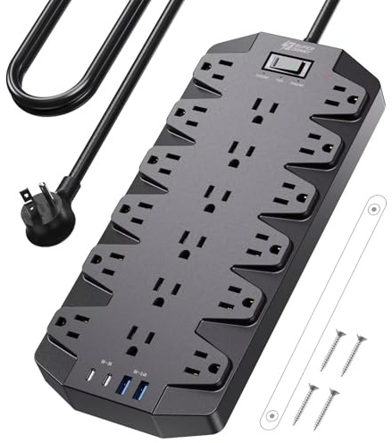 Surge Protector Power Strip, SUPERDANNY 18 AC Outlets with 4 USB Ports, 1875W/15A, 2100J, 6.5FT Flat Plug Heavy Duty Extension Cord with Wall Mount Holes for Home, Office, Gaming Room,Dorm, Black