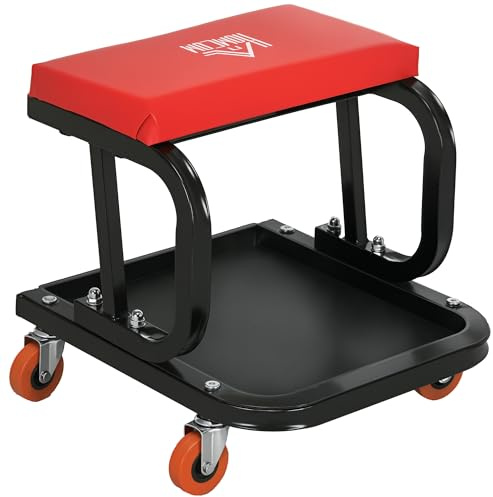 HOMCOM Tabouret d'atelier Tabouret de travail avec tablette, Coussin d'assise rembourré, Tabouret de montage pour garage, atelier, acier, rouge