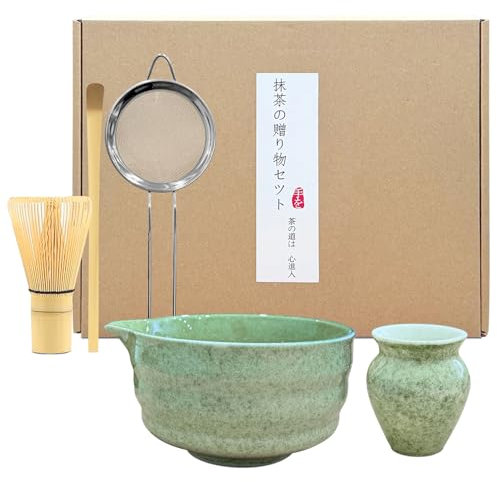 5 PCS Matcha Set, Matcha Whisk Set Includes Bamboo Chasen Whisk, Ceramic Tea Bowl, Scoop, Strainer and Matcha Whisk Holder, Handcrafted Japanese Tea Set Matcha Kit for Matcha Lovers - Green