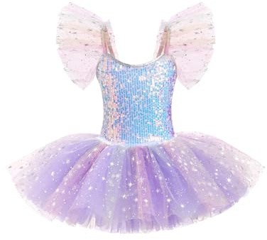 Ballettkleidung Mädchen 3-14-Jahre für Tanz: Ballettstrumpfhose mit Abnehmbare Flatterärmel und Verstellbarem Träger - Kinder Tanzkleid für Balett Eiskunstlauf Rollkunstlauf