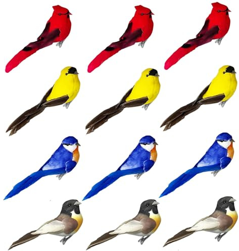 12PCS Clip on Artificial Birds Decor Foam Feather Birds Ornaments for Christmas Tree Decoration Wreaths Crafts Season Display Home Decor