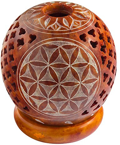 Saraswati Teelicht Kugel Blume des Lebens Speckstein Ocker 8cm