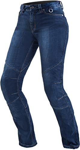 SHIMA Sansa Jeans Moto Donna - Pantalone Transpirante, Elasticizzati, vestibilità Regolare con Strato in Kevlar, Protezioni CE per Ginocchia e Fianchi (Blu, 32)