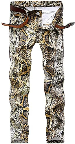 Enrica Men's Casual Printed Jeans Skinny Denim Pants,Snake Skin, 38