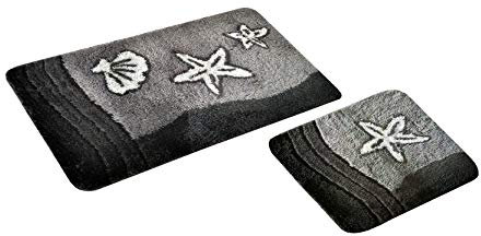 S&S-Shop Badematte Set | Grau | Sealife | 2 teilig | rutschfest | WC-Vorleger 50 x 45 cm | Badvorleger 50 x 90 cm | Badteppich | Teppich | Bad | Badezimmer