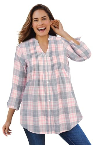 Woman Within Plus Size Pintucked Flannel Shirt - 2X, Pink Sorbet Plaid