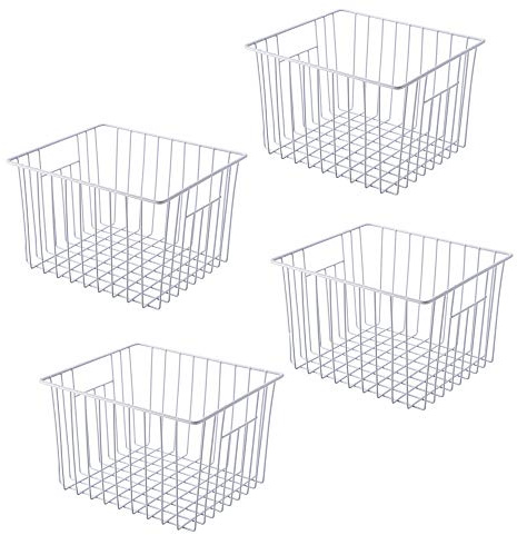 Y.Z.Bros Freezer Organizer Bin, Kitchen Metal Wire Storage Basket, Pantry Cupboard Household Container Divider with Handles, Bathroom, Closet, Bedroom, Office, Rustproof - White（4）