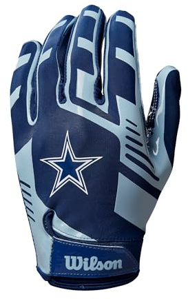 Wilson Guantes de Fútbol Americano AD NFL, Ajuste Elástico, Ajuste Seguro y Agarre Firme, Transpirable, Experimenta un Rendimiento Óptimo, Equipo: Dallas Cowboys, Color: Azul/Blanco, Talla para adulto