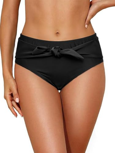 NLAND Bas de Maillot de Bain Femme Taille Haute Culotte de Bain Amincissant Gainant Ventre Plat Couleur Unie Bas de Bikini à Volants(Noir,M)