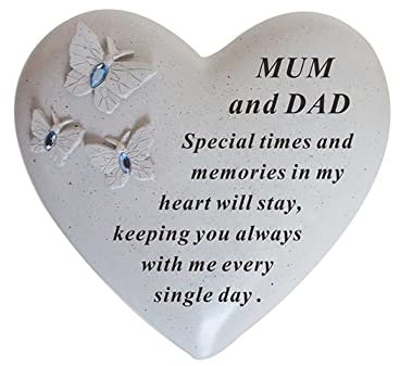 Personalised Grave Ornament/Memorial Plaque with Heart With 3 butterflies & Blue Gems | Graveside Decoration Gift in the Loving Memory of your Loving Deceased Ones (Mum and Dad)