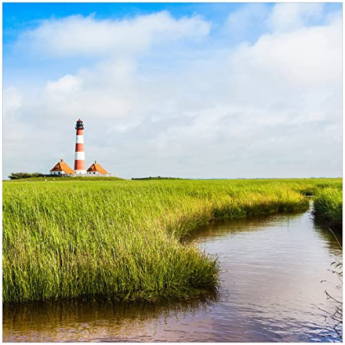 Wallario Memoboard aus Glas mit Motiv, Magnet-Tafel in 50 x 50 cm in Premium Qualität Kleiner Bach durch Schilf auf dem Weg zum Leuchtturm