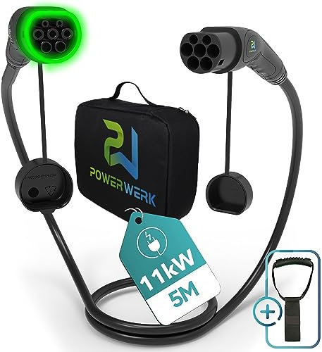 PowerWERK - 11kW 5m Typ 2 Ladekabel für EV Elektroautos PHEV | bis 11kW | 32A | Typ 2 auf Typ 2 | 3-Phasig | Kompatibel mit Model S/3/X/Y, i3, i4, iX, ID3, ID4, ID5, EV6, IONIQ 5, E-Tron, ZOE uvm.