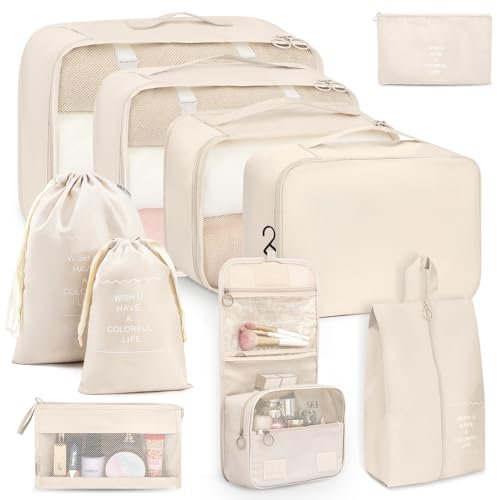 Anjing koffer Organizer 10-teilig, Packing Cubes, leichte Reisegepäck-Organizer, wasserdicht, platzsparend, Packwürfel für Koffer, travel organizer, Beige
