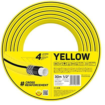 Cellfast YELLOW Trädgårdsslang Lätt Slitstark 4-Lagers Hållbar Korsfläta UV- Och Algbeständig Vridningsbeständig REACH-Teknik 20 Bar -10/+50° (1/2, 30)